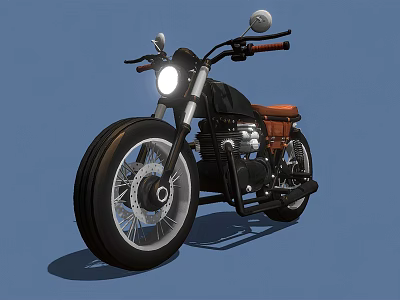 Vintage Black Motorcycle Side View With Brown Seat Headlight And Wide Tires 3d model