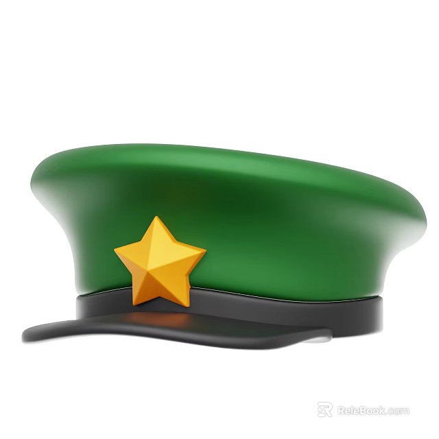 Green Military Style Hat Featuring Yellow Star And Black Brim Design 3d model 