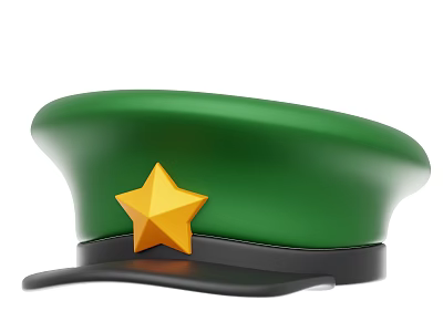 Green Military Style Hat Featuring Yellow Star And Black Brim Design 3d model
