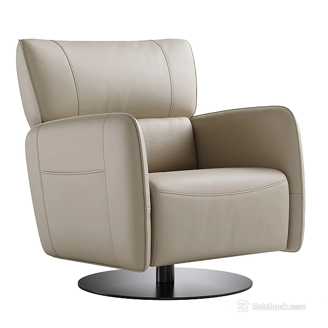Modern Leather Beige Single Sofa With Armrest And Metal Round Base 3d model