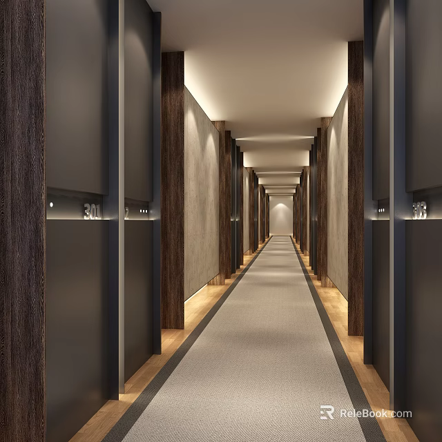 Elegant Hotel Corridor With Wooden Panels Soft Lighting Room Number Signs And Carpeted Floor 3d model 
