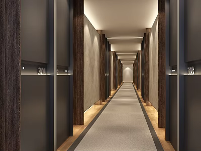 Elegant Hotel Corridor With Wooden Panels Soft Lighting Room Number Signs And Carpeted Floor 3d model