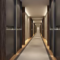 Elegant Hotel Corridor With Wooden Panels Soft Lighting Room Number Signs And Carpeted Floor