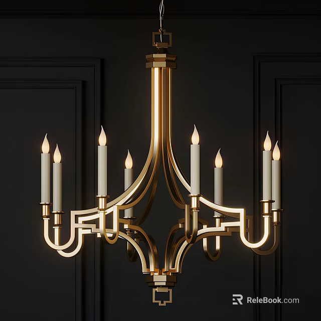 Classic Gold Chandelier With Candle Shaped Lights For Dark Wall Interior 3d model 