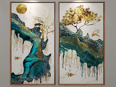 Modern Landscape Paintings With Golden Moon Deer And Blue Green Hues In Marble Frames 3d model