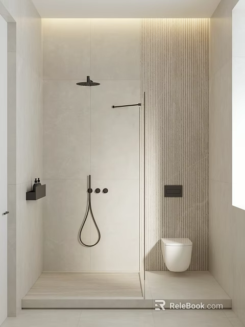 Modern Bathroom Interior With Textured Wall Tiles Black Shower Fixtures Toilet And Wall Mounted Accessories 3d model 