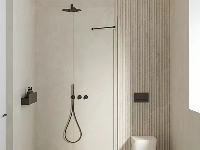 Modern Bathroom Interior With Textured Wall Tiles Black Shower Fixtures Toilet And Wall Mounted Accessories 3d model