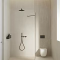 Modern Bathroom Interior With Textured Wall Tiles Black Shower Fixtures Toilet And Wall Mounted Accessories