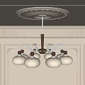 Elegant Chandelier With White Glass Shades Metal Frame And Ceiling Medallion In Decorative Interior