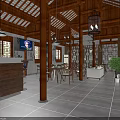 Chinese Style Reception Area With Wooden Bar Counter Lattice Windows And Dining Seating