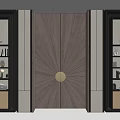 Luxurious Dark Brown Wooden Double Doors With Circular Accent And Illuminated Side Display Shelves