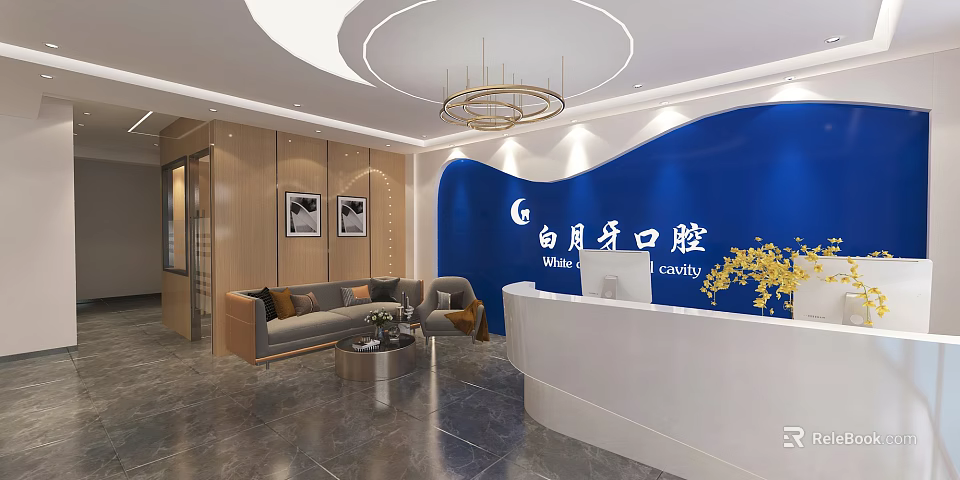 Modern Dental Clinic Reception Area With Blue Accent Wall Sofa Chandelier And Decorative Plant 3d model 