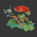 Vibrant Plant Display With Red Mushroom White Daisies Green Leaves Acorns Clover And Grassy Base