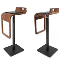 Pair Of Modern Wooden Armrest Bar Stools With Black Seat And Metal Base