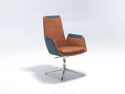 Modern Office Chair With Brown Blue Leather Upholstery And Chrome Swivel Metal Base 3d model