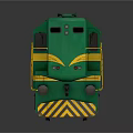 Green Diesel Locomotive With Yellow Stripes And Black Warning Stripes On Reflective Surface