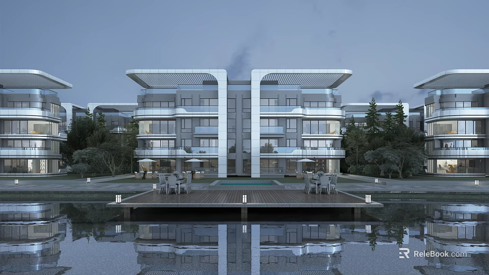 Elegant Modern Waterfront Villa with Glass Curtain Wall and Water Reflection 3d model 