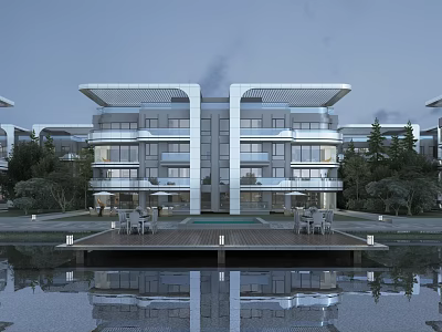 Elegant Modern Waterfront Villa with Glass Curtain Wall and Water Reflection 3d model