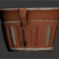 Decorative Ornament Set Red Ceramic Bowl With Handle Colorful Feather Patterns And White Decorative Lines
