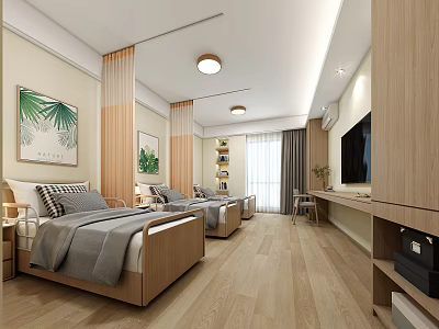 Modern Medical Ward Interior Design With Wooden Beds Desk Green Plant Paintings TV And Window 3d model