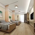 Modern Medical Ward Interior Design With Wooden Beds Desk Green Plant Paintings TV And Window