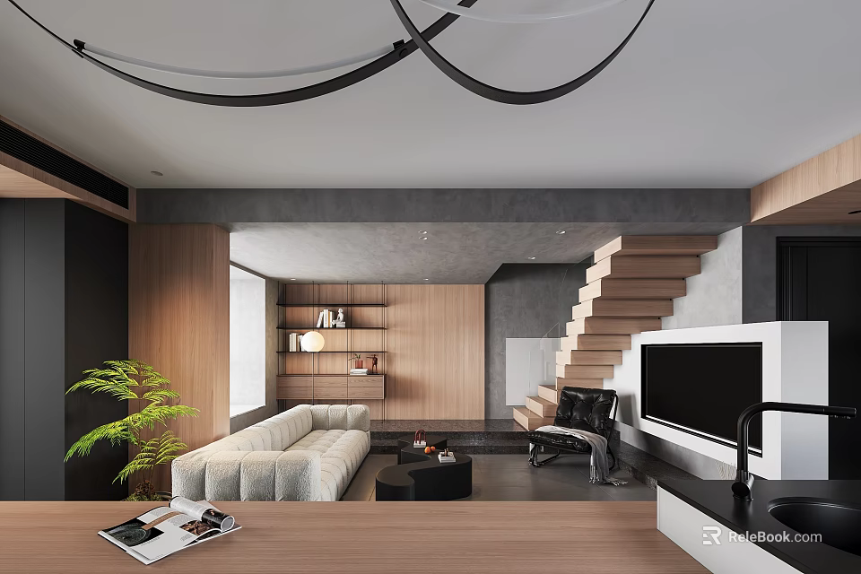 Modern Living Dining Room Interior Design With Wooden Shelves Sofa Staircase TV Unit And Plant 3d model 