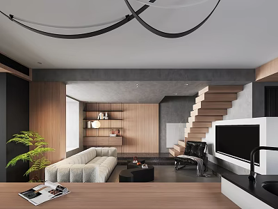 Modern Living Dining Room Interior Design With Wooden Shelves Sofa Staircase TV Unit And Plant 3d model