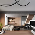 Modern Living Dining Room Interior Design With Wooden Shelves Sofa Staircase TV Unit And Plant