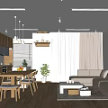 Modern Living And Dining Room Interior With Wooden Dining Table Sofa Rug And Plants