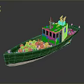 Green Cargo Boat Filled With Yellow Goods With Cabin Ladder And Antennas On Deck