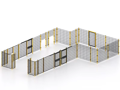Building Exterior Wall With Metal Mesh Panels Golden Frame And Black Doors 3d model