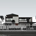 Modern Detached Villa Exterior With Palm Trees White Black Facade Red Car And Landscaped Fence