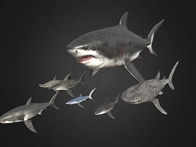 Various Aquatic Shark Species Swimming Together in Underwater Marine Scene 3d model