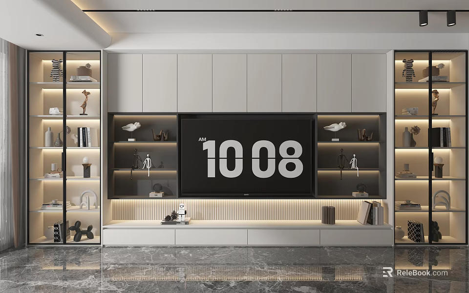Modern Minimalist TV Background Wall With Large Screen TV Built in Cabinets And Decorative Items 3d model 