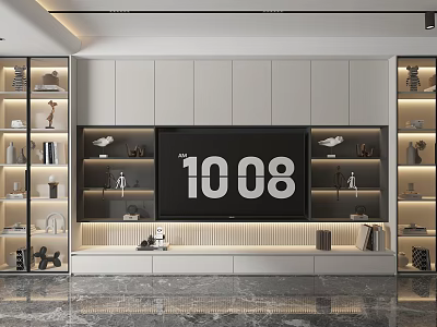 Modern Minimalist TV Background Wall With Large Screen TV Built in Cabinets And Decorative Items 3d model