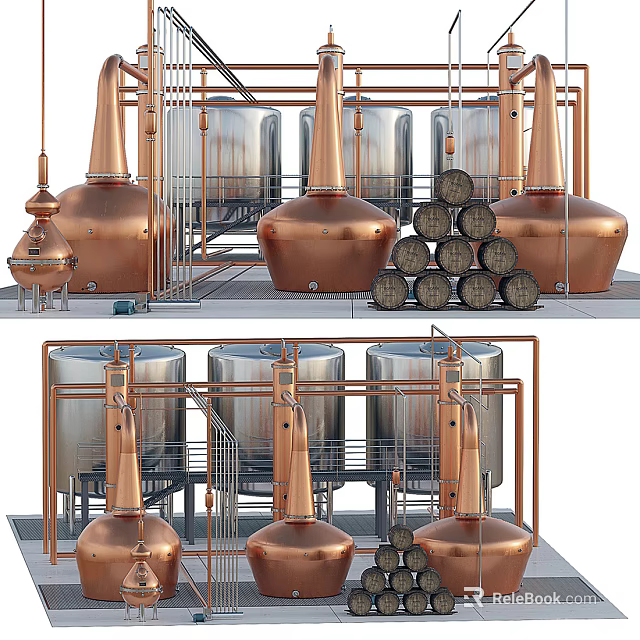 Industrial Brewing Equipment With Copper Stills Stainless Steel Tanks And Wooden Barrels 3d model 