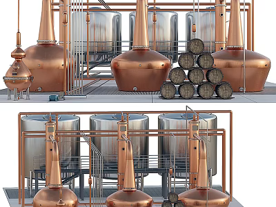 Industrial Brewing Equipment With Copper Stills Stainless Steel Tanks And Wooden Barrels 3d model