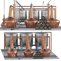 Industrial Brewing Equipment With Copper Stills Stainless Steel Tanks And Wooden Barrels