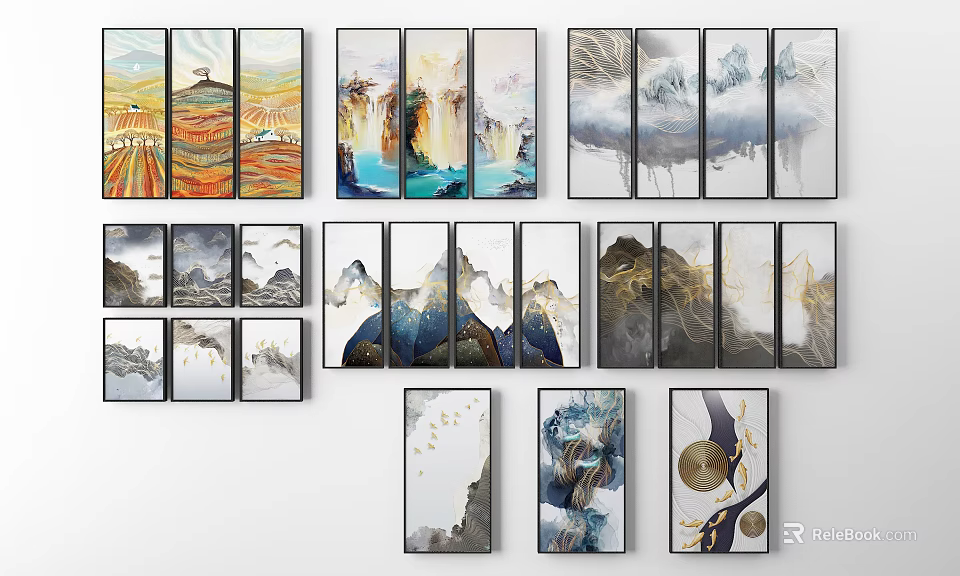 Landscape Paintings With Mountain Water Clouds And Abstract Designs For Home Decor 3d model 