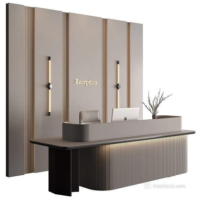 Modern Reception Desk With Wall Lights Laptop Chair And Potted Plant 3d model 