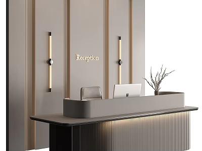 Modern Reception Desk With Wall Lights Laptop Chair And Potted Plant 3d model