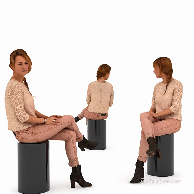 Woman in beige lace top and pink pants sitting on black stool from different angles 3d model 