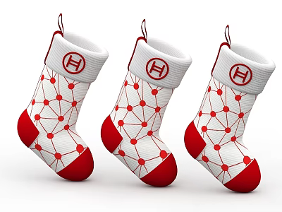 Three White Christmas Stockings With Red Network Pattern And H Logo Design 3d model