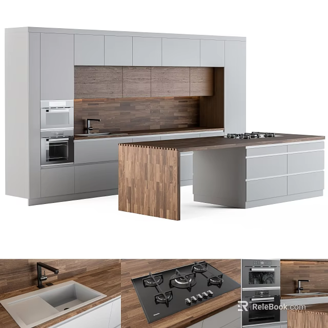 Modern Kitchen Interior With Grey Cabinets Wooden Island And Cooking Appliances 3d model 
