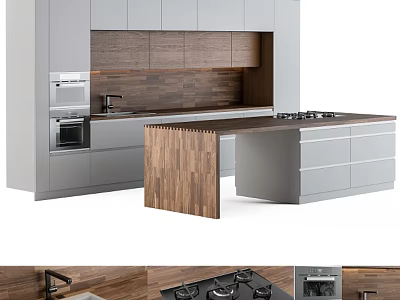 Modern Kitchen Interior With Grey Cabinets Wooden Island And Cooking Appliances 3d model