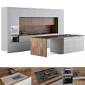 Modern Kitchen Interior With Grey Cabinets Wooden Island And Cooking Appliances