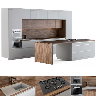 Modern Kitchen Interior With Grey Cabinets Wooden Island And Cooking Appliances 3d model