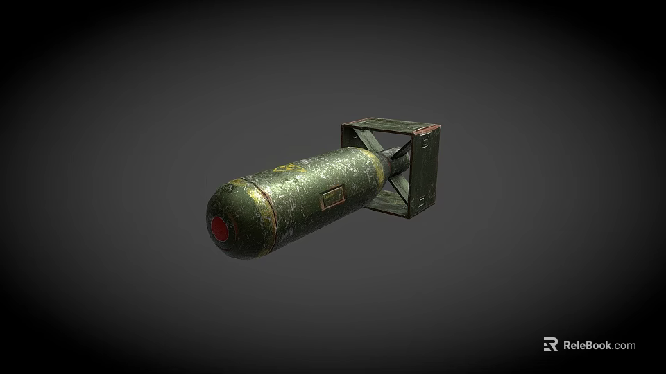 Green Military Bomb Cylindrical Shape With Red Part And Square Metal Tail Fin 3D Render 3d model 
