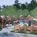 Circular Economy Farming Area With Free Range Chickens Small Wooden Sheds And Green Trees