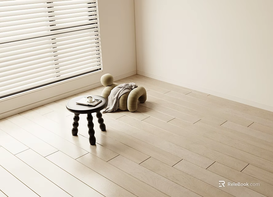 Light Hardwood Flooring In Bright Minimalist Room With Table And Cushion 3d model 